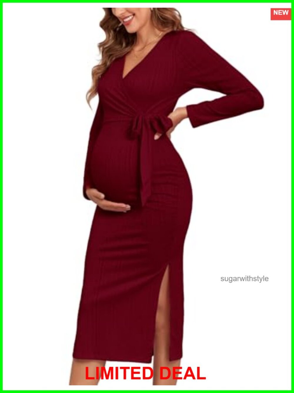 Rib Knit Maternity Nursing Dress Knot Side Long Sleeve V Neck Wrap Maxi